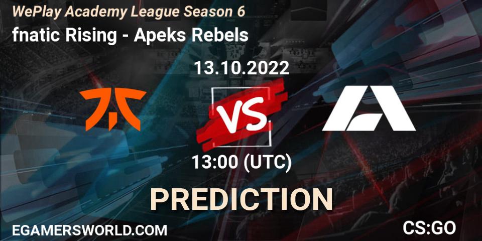 Pronósticos fnatic Rising - Apeks Rebels. 13.10.2022 at 13:00. WePlay Academy League Season 6 - Counter-Strike (CS2)
