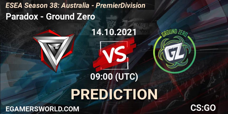 Pronósticos Paradox - Ground Zero. 14.10.21. ESEA Season 38: Australia - Premier Division - CS2 (CS:GO)