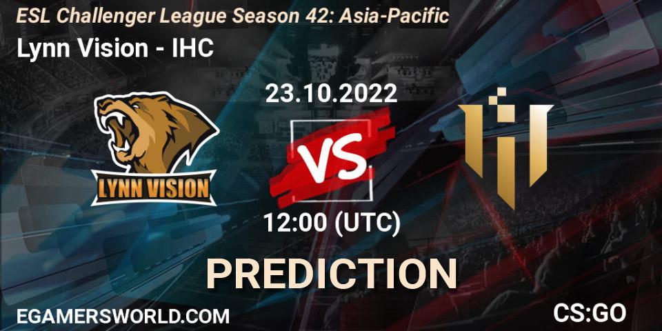 Pronósticos Lynn Vision - IHC. 23.10.2022 at 12:00. ESL Challenger League Season 42: Asia-Pacific - Counter-Strike (CS2)