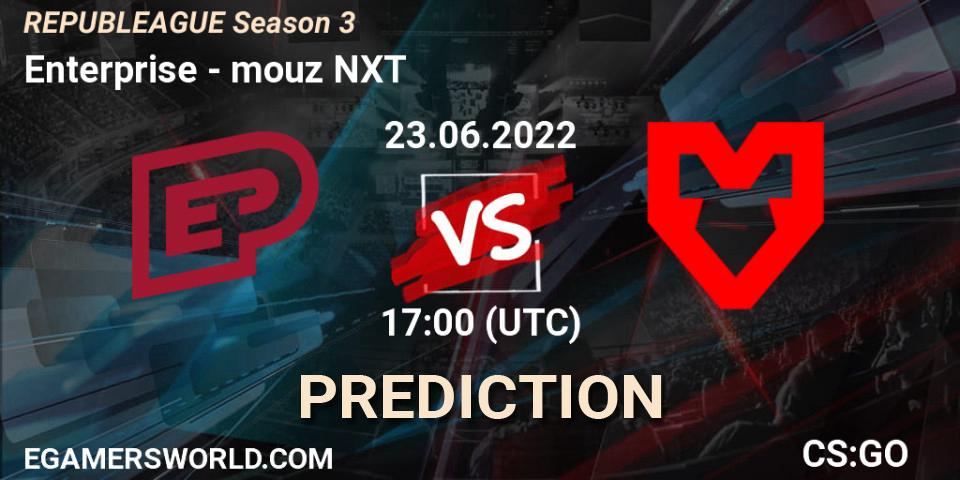 Pronósticos Enterprise - mouz NXT. 23.06.2022 at 17:25. REPUBLEAGUE Season 3 - Counter-Strike (CS2)