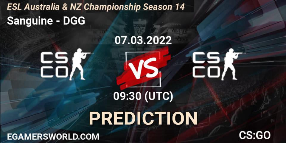 Pronósticos Sanguine - DGG Esports. 07.03.2022 at 10:05. ESL ANZ Champs Season 14 - Counter-Strike (CS2)