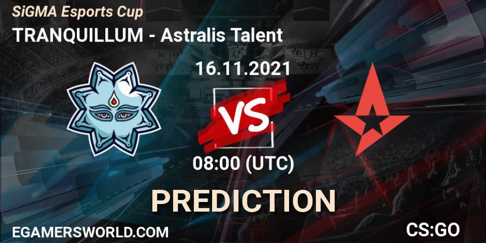 Pronósticos TRANQUILLUM - Astralis Talent. 16.11.2021 at 08:00. SiGMA Esports Cup - Counter-Strike (CS2)
