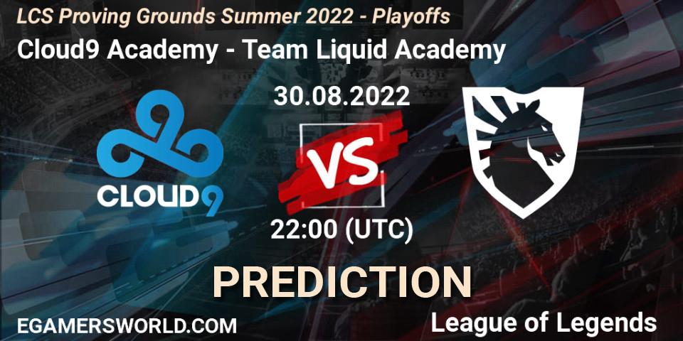 Pronósticos Cloud9 Academy - Team Liquid Academy. 30.08.2022 at 22:00. LCS Proving Grounds Summer 2022 - Playoffs - LoL