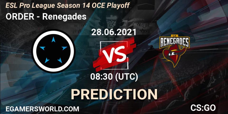 Pronósticos ORDER - Renegades. 29.06.2021 at 08:30. ESL Pro League Season 14 OCE Playoff - Counter-Strike (CS2)