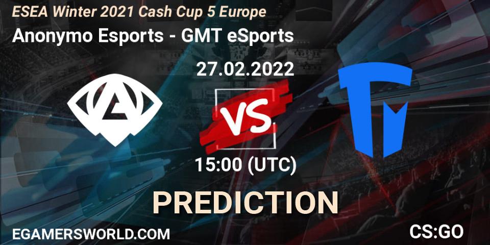 Pronósticos Anonymo Esports - GMT eSports. 27.02.2022 at 15:00. ESEA Winter 2021 Cash Cup 5 Europe - Counter-Strike (CS2)