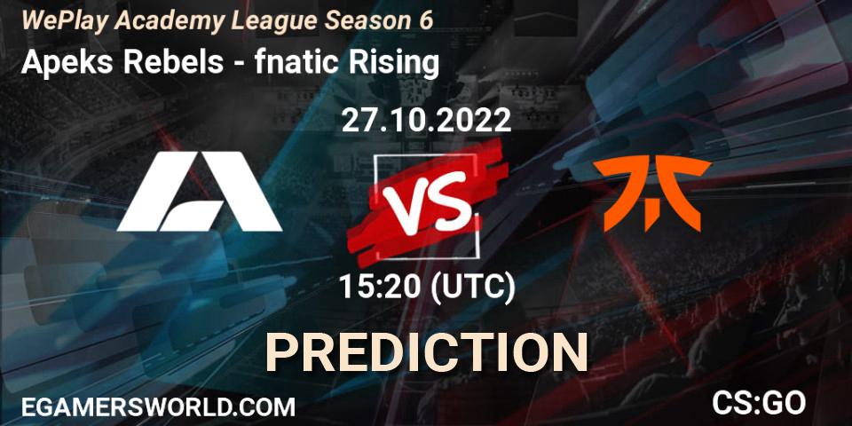 Pronósticos Apeks Rebels - fnatic Rising. 27.10.2022 at 15:20. WePlay Academy League Season 6 - Counter-Strike (CS2)
