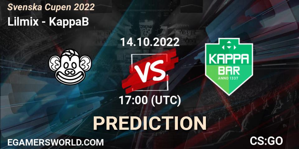 Pronósticos Lilmix - KappaB. 14.10.2022 at 17:50. Svenska Cupen 2022 - Counter-Strike (CS2)