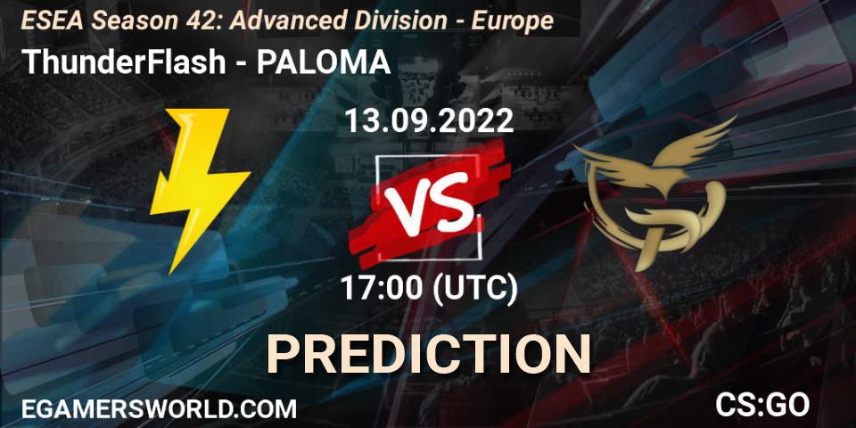 Pronósticos ThunderFlash - PALOMA. 13.09.2022 at 17:00. ESEA Season 42: Advanced Division - Europe - Counter-Strike (CS2)