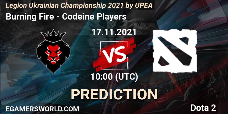 Pronósticos Burning Fire - Codeine Players. 17.11.2021 at 10:12. Legion Ukrainian Championship 2021 by UPEA - Dota 2