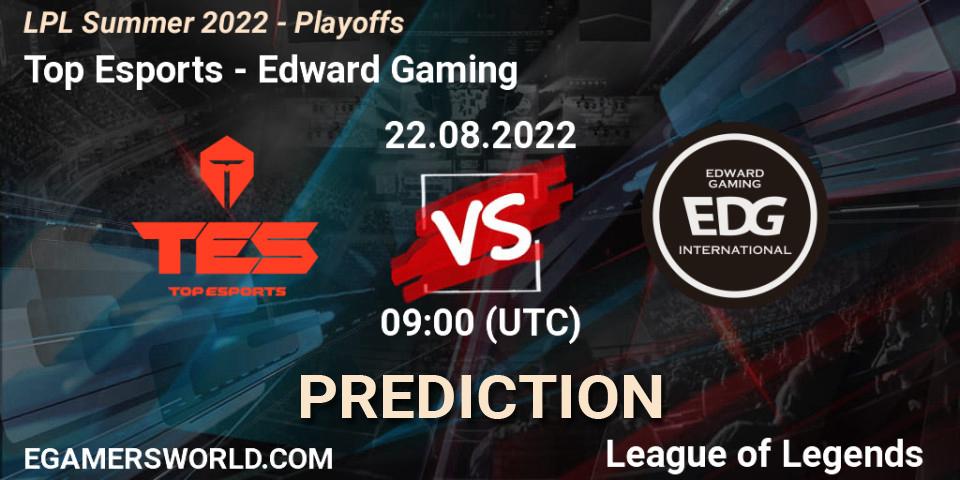Pronósticos Top Esports - Edward Gaming. 22.08.2022 at 09:00. LPL Summer 2022 - Playoffs - LoL