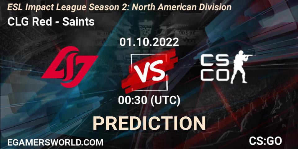 Pronósticos CLG Red - Saints. 01.10.2022 at 00:30. ESL Impact League Season 2: North American Division - Counter-Strike (CS2)