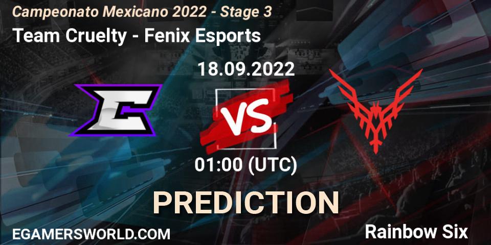 Pronósticos Team Cruelty - Fenix Esports. 18.09.2022 at 01:00. Campeonato Mexicano 2022 - Stage 3 - Rainbow Six