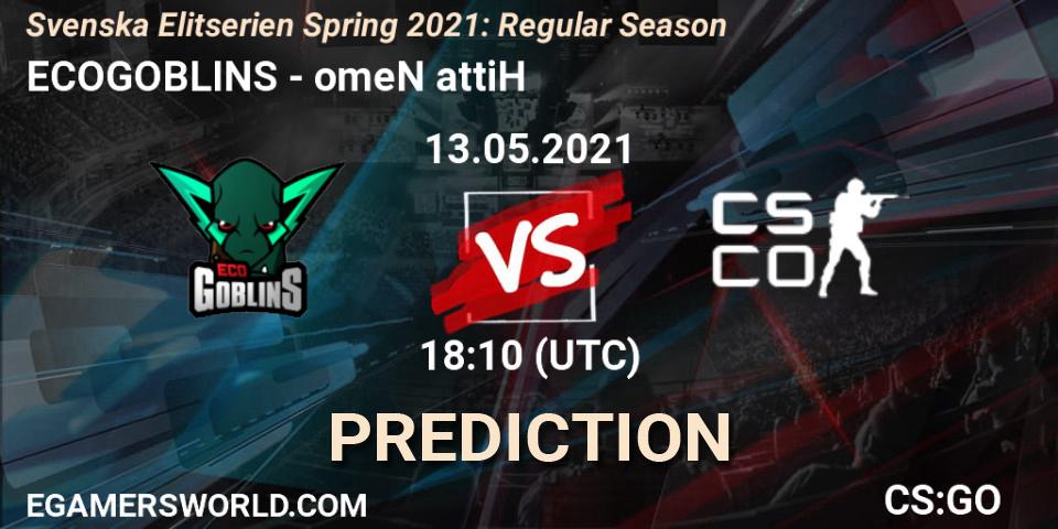 Pronósticos ECOGOBLINS - omeN attiH. 14.05.2021 at 16:00. Svenska Elitserien Spring 2021: Regular Season - Counter-Strike (CS2)