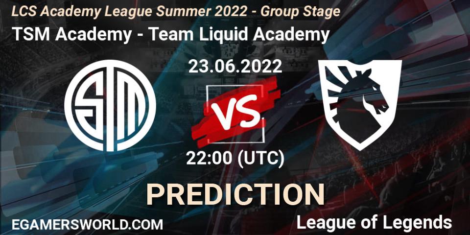 Pronósticos TSM Academy - Team Liquid Academy. 23.06.2022 at 22:00. LCS Academy League Summer 2022 - Group Stage - LoL