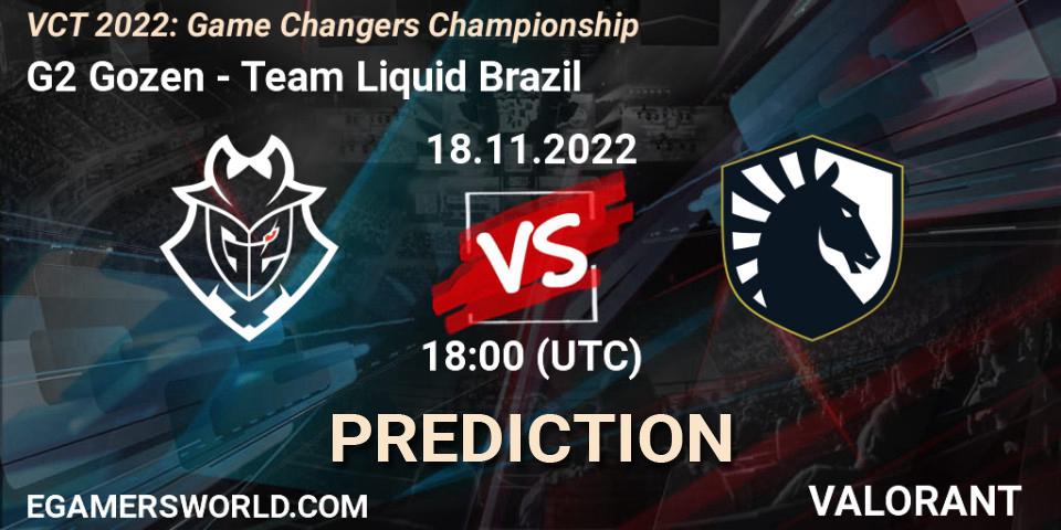 Pronósticos G2 Gozen - Team Liquid Brazil. 18.11.2022 at 17:55. VCT 2022: Game Changers Championship - VALORANT