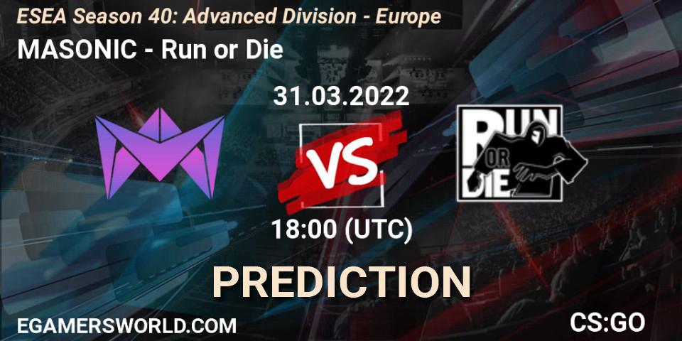 Pronósticos MASONIC - Run or Die. 31.03.2022 at 18:00. ESEA Season 40: Advanced Division - Europe - Counter-Strike (CS2)