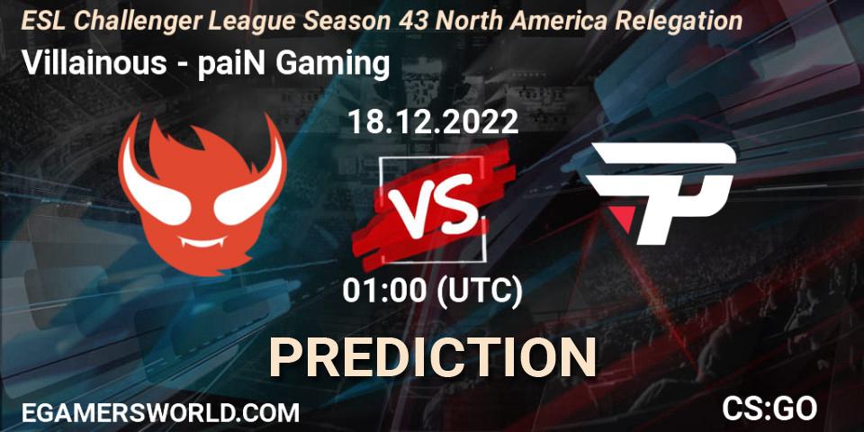 Pronósticos Villainous - paiN Gaming. 18.12.2022 at 01:00. ESL Challenger League Season 43 North America Relegation - Counter-Strike (CS2)