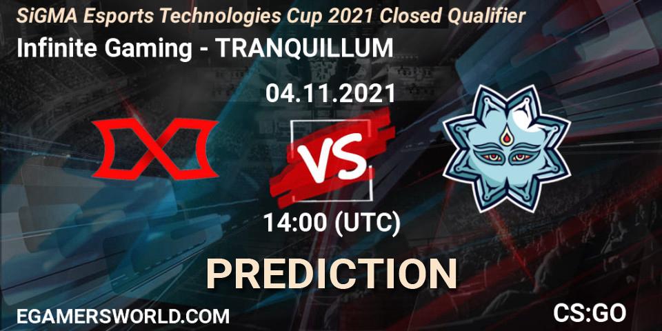 Pronósticos Infinite Gaming - TRANQUILLUM. 04.11.2021 at 14:00. SiGMA Esports Technologies Cup 2021 Closed Qualifier - Counter-Strike (CS2)