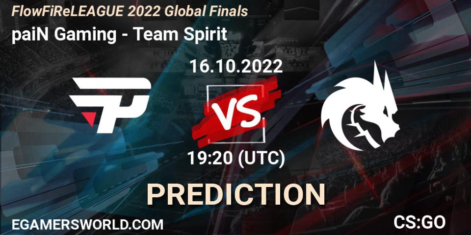 Pronósticos paiN Gaming - Team Spirit. 16.10.2022 at 19:20. FlowFiReLEAGUE 2022 Global Finals - Counter-Strike (CS2)