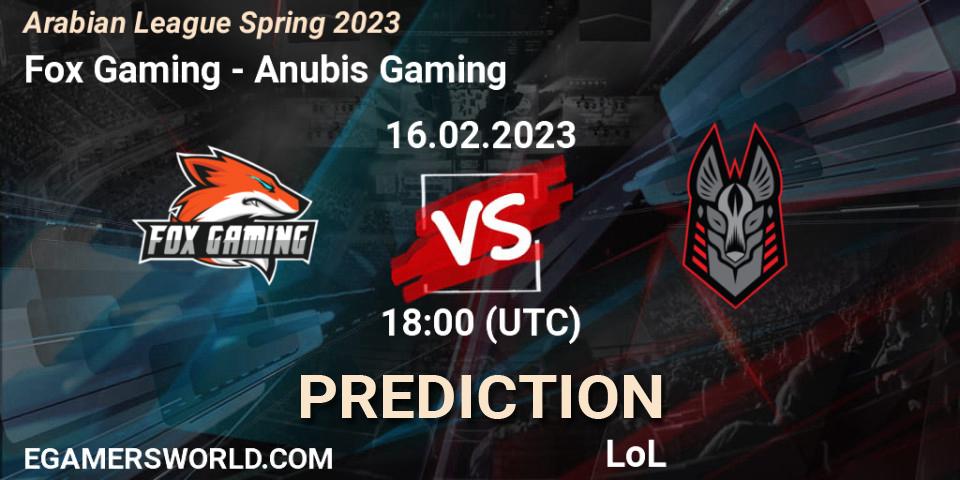 Pronósticos Fox Gaming - Anubis Gaming. 16.02.2023 at 18:00. Arabian League Spring 2023 - LoL