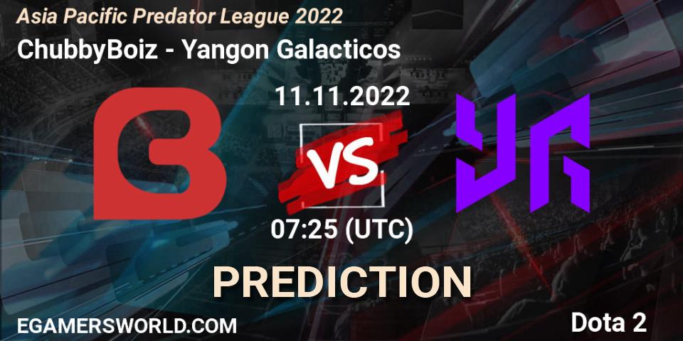 Pronósticos ChubbyBoiz - Yangon Galacticos. 11.11.2022 at 07:25. Asia Pacific Predator League 2022 - Dota 2