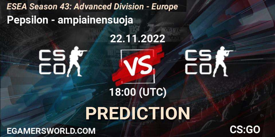 Pronósticos Pepsilon - ampiainensuoja. 22.11.2022 at 18:00. ESEA Season 43: Advanced Division - Europe - Counter-Strike (CS2)