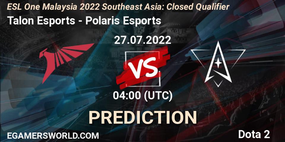 Pronósticos Talon Esports - Polaris Esports. 27.07.2022 at 04:01. ESL One Malaysia 2022 Southeast Asia: Closed Qualifier - Dota 2