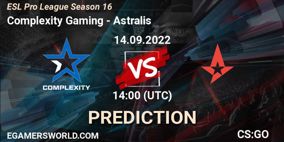 Pronósticos Complexity Gaming - Astralis. 14.09.2022 at 14:00. ESL Pro League Season 16 - Counter-Strike (CS2)