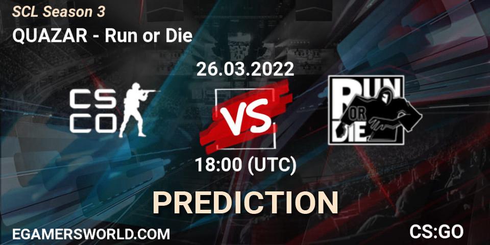 Pronósticos QUAZAR - Run or Die. 26.03.2022 at 18:10. SCL Season 3 - Counter-Strike (CS2)