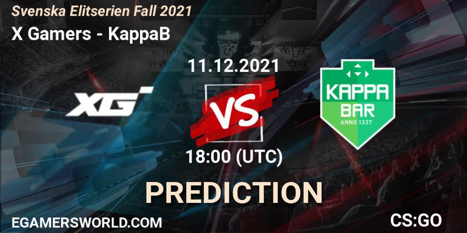 Pronósticos X Gamers - KappaB. 11.12.2021 at 19:45. Svenska Elitserien Fall 2021 - Counter-Strike (CS2)