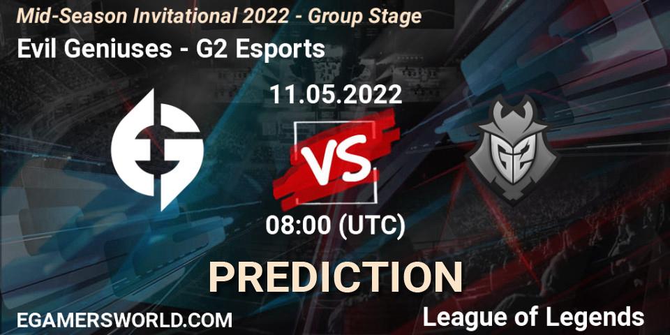 Pronósticos Evil Geniuses - G2 Esports. 14.05.2022 at 06:00. Mid-Season Invitational 2022 - Group Stage - LoL