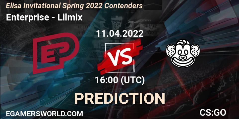 Pronósticos Enterprise - Lilmix. 11.04.2022 at 16:15. Elisa Invitational Spring 2022 Contenders - Counter-Strike (CS2)