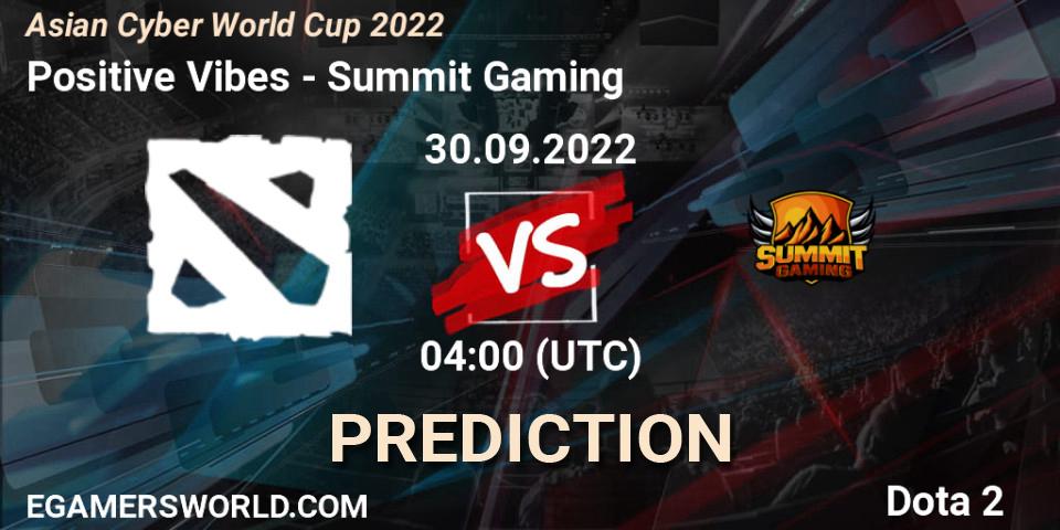 Pronósticos Positive Vibes - Summit Gaming. 30.09.2022 at 04:11. Asian Cyber World Cup 2022 - Dota 2