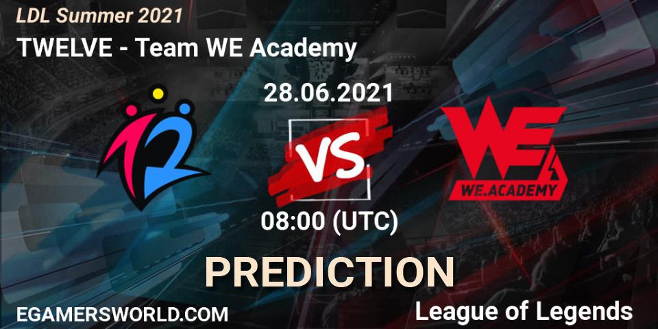 Pronósticos TWELVE - Team WE Academy. 28.06.2021 at 09:30. LDL Summer 2021 - LoL