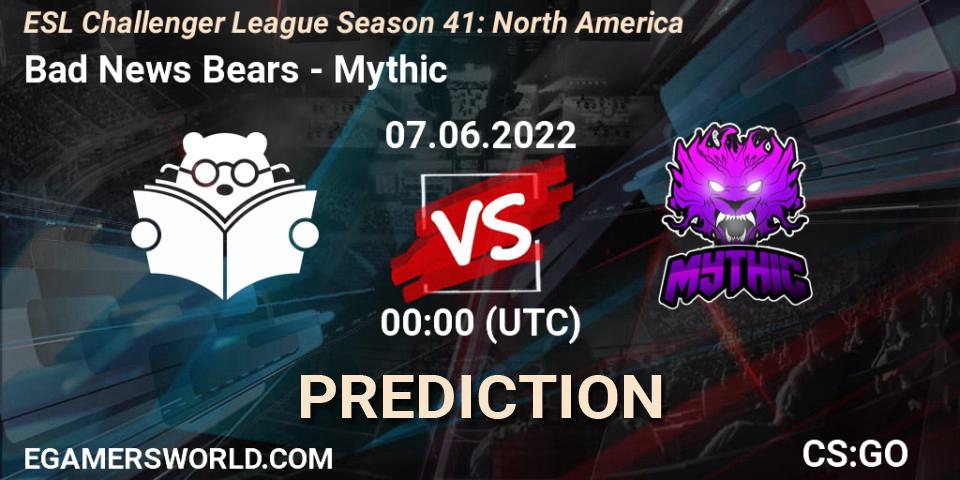 Pronósticos Bad News Bears - Mythic. 07.06.2022 at 00:00. ESL Challenger League Season 41: North America - Counter-Strike (CS2)