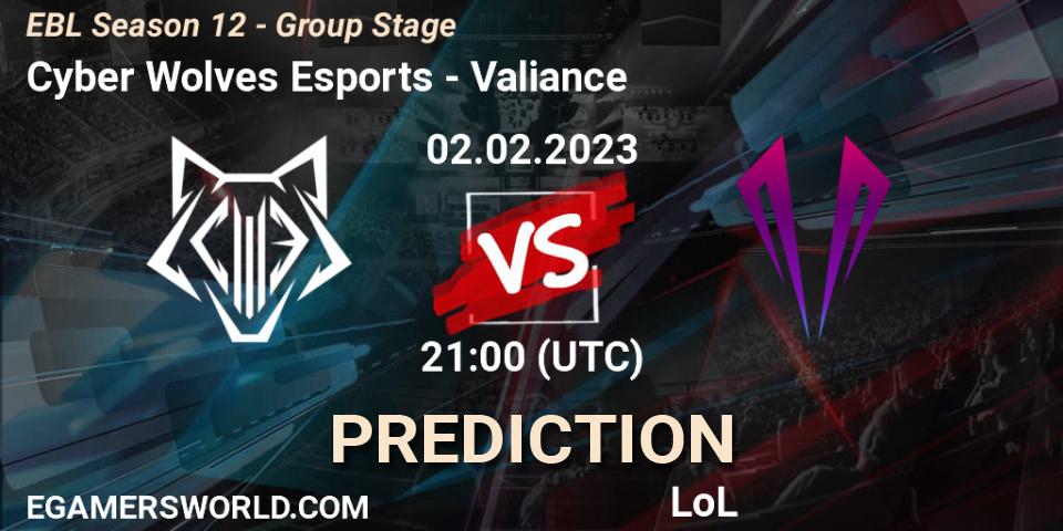 Pronósticos Cyber Wolves Esports - Valiance. 02.02.2023 at 21:15. EBL Season 12 - Group Stage - LoL