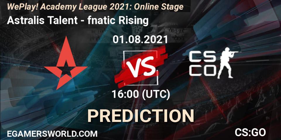 Pronósticos Astralis Talent - fnatic Rising. 01.08.2021 at 15:00. WePlay Academy League Season 1: Online Stage - Counter-Strike (CS2)