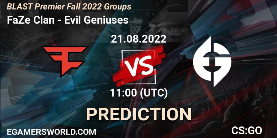 Pronósticos FaZe Clan - Evil Geniuses. 21.08.2022 at 11:00. BLAST Premier Fall 2022 Groups - Counter-Strike (CS2)