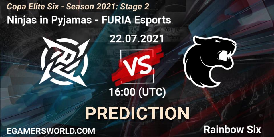 Pronósticos Ninjas in Pyjamas - FURIA Esports. 22.07.2021 at 16:00. Copa Elite Six - Season 2021: Stage 2 - Rainbow Six