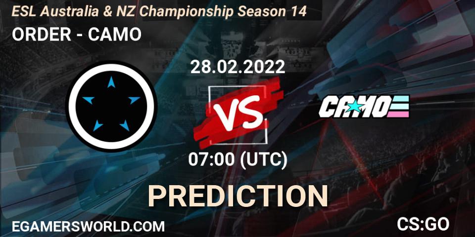 Pronósticos ORDER - CAMO. 28.02.2022 at 07:00. ESL Australia & NZ Championship Season 14 - Counter-Strike (CS2)