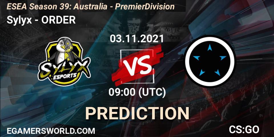 Pronósticos Sylyx - ORDER. 03.11.2021 at 09:00. ESEA Season 39: Australia - Premier Division - Counter-Strike (CS2)