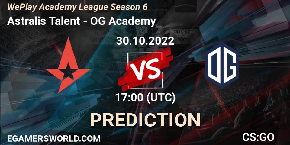 Pronósticos Astralis Talent - OG Academy. 30.10.2022 at 16:30. WePlay Academy League Season 6 - Counter-Strike (CS2)