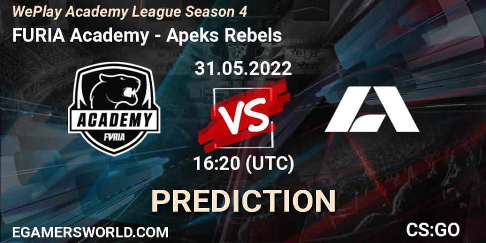 Pronósticos FURIA Academy - Apeks Rebels. 31.05.2022 at 16:10. WePlay Academy League Season 4 - Counter-Strike (CS2)