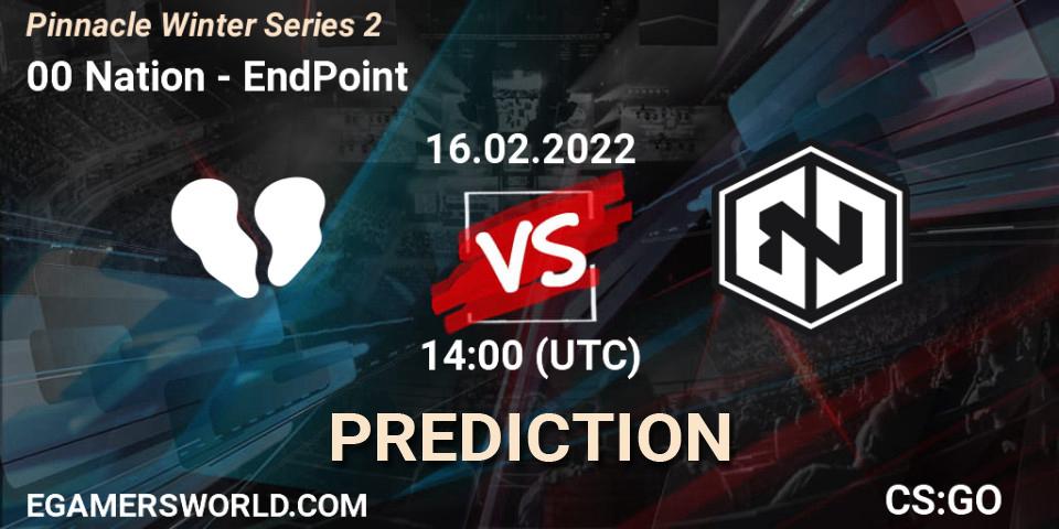 Pronósticos 00 Nation - EndPoint. 16.02.2022 at 15:05. Pinnacle Winter Series 2 - Counter-Strike (CS2)