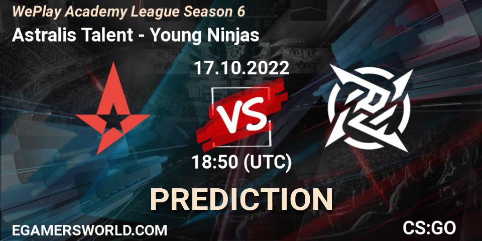Pronósticos Astralis Talent - Young Ninjas. 17.10.2022 at 18:00. WePlay Academy League Season 6 - Counter-Strike (CS2)