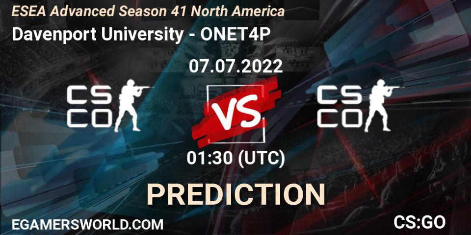 Pronósticos Davenport University - ONET4P. 07.07.2022 at 01:00. ESEA Advanced Season 41 North America - Counter-Strike (CS2)