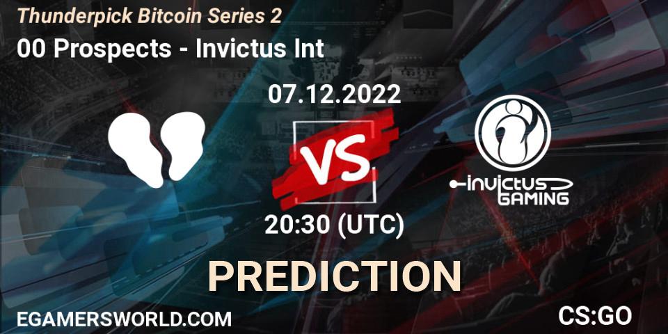 Pronósticos 00 Prospects - Invictus Int. 07.12.2022 at 20:30. Thunderpick Bitcoin Series 2 - Counter-Strike (CS2)