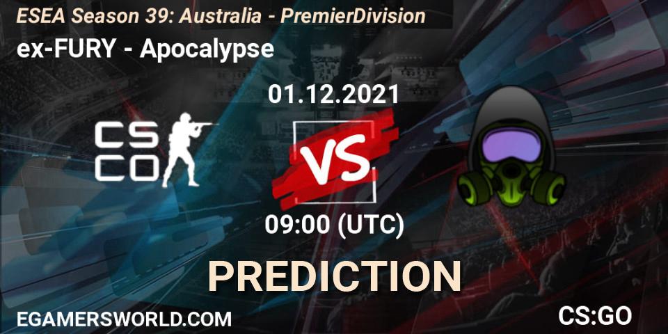 Pronósticos ex-FURY - Apocalypse. 07.12.2021 at 09:00. ESEA Season 39: Australia - Premier Division - Counter-Strike (CS2)