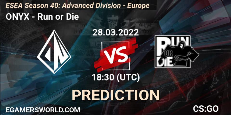 Pronósticos ONYX - Run or Die. 29.03.2022 at 17:00. ESEA Season 40: Advanced Division - Europe - Counter-Strike (CS2)