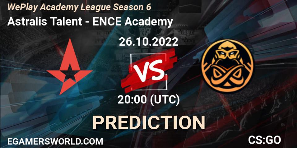 Pronósticos Astralis Talent - ENCE Academy. 26.10.2022 at 20:35. WePlay Academy League Season 6 - Counter-Strike (CS2)